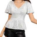 Women's Sparkly Sequin Tops Ruffle Sleeve Glitter Blouses Sparkle Shirt Dressy Party Concert Disco Outfits 2025 (Medium, Silver)