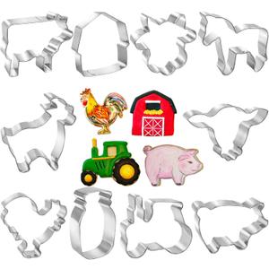 10 PCS Farm Cookie Cutter Set with Recipe Booklet Rooster Cow Pig Lamb Horse Barn and Tractor Cow Face Milk Bottle Bull head