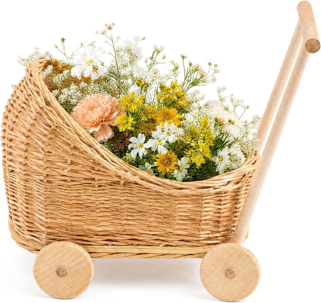 Wicker Baby Carriage 18.11"L x 12.01"D x 18.5"H Flower Basket Cart with Wheels Natural Woven Rattan Floral Display Stroller Style for Wedding Baby Shower Bridal Party Garden Home Decor Photo Props