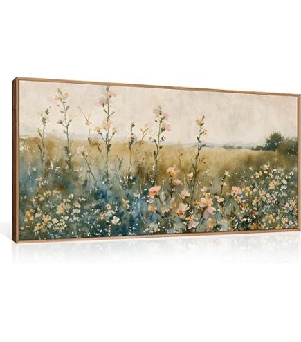 HLNIUC Vintage Watercolor Wildflower Landscape Horizontal Wall Art Framed 20x40