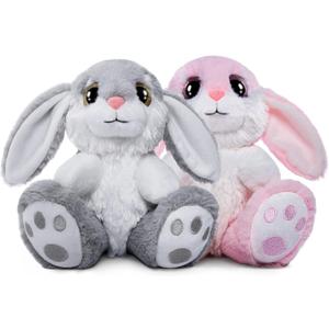 HO-EF 8.5" Bunny Stuffed Animal, 2 Sitting Bunny with Flappy Ears Plush Bunny Cute Stuffed Rabbit Plush Toy, Companion Easter Gift for Boys Girls Babies Kids (Pink+Grey)