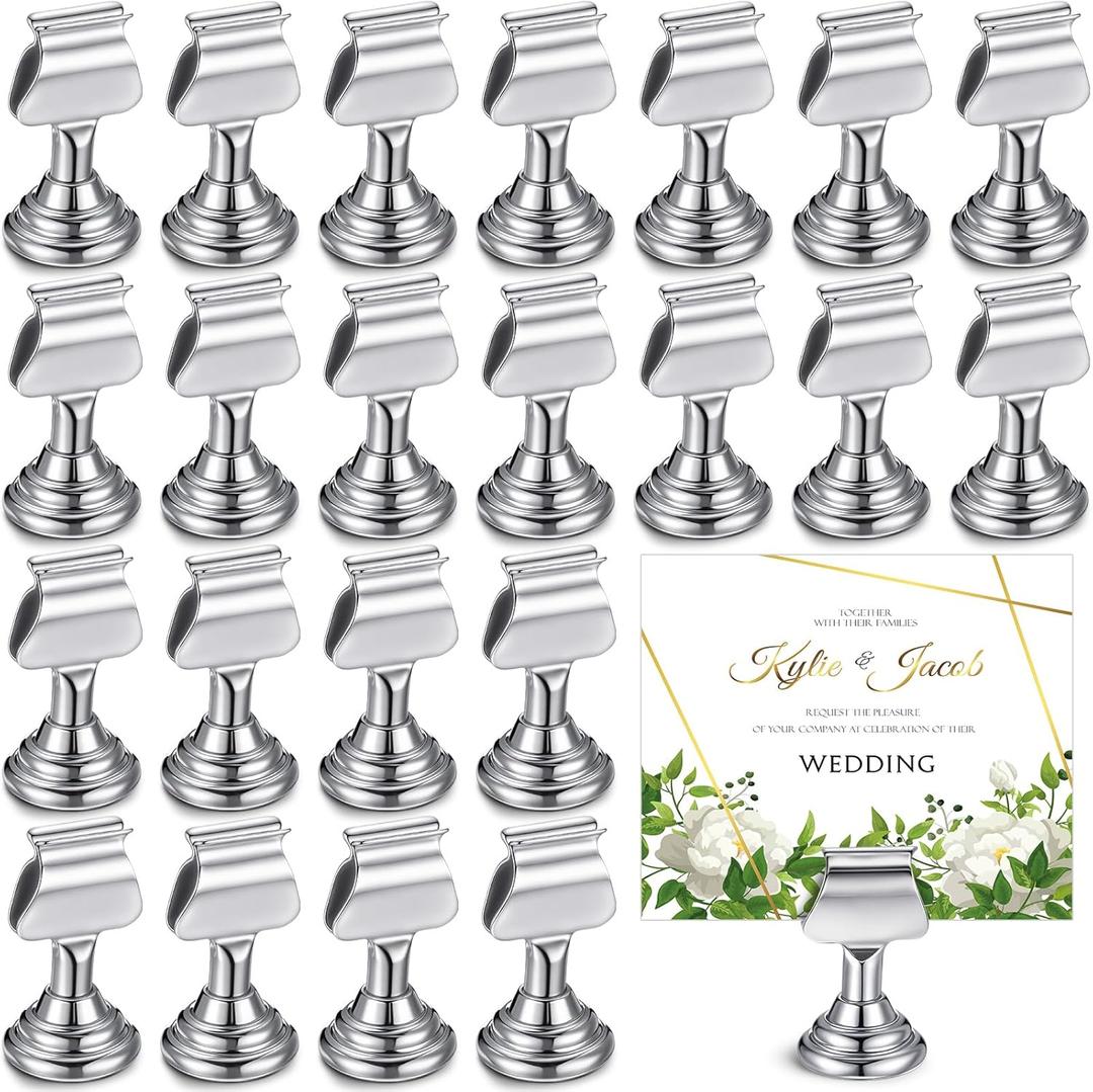 Kathfly 24 Pcs Metal Table Number Holders 1.7 Inch Silver Mini Place Card Holders Bulk Harp-Clip Table Sign Stands Card Holder Display Picture Memo Notes Menu for Weddings Restaurants Birthday Decor
