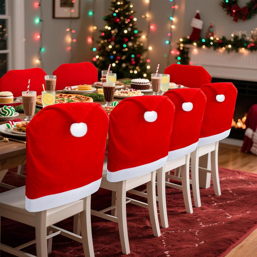 RJVW Christmas Chair Covers of 4, Thicken Velvet Santa Claus Hat Dining Room Stool Covers, Soft Xmas Kitchen Chair Covers, Christmas Home Decor for Xmas Indoor Home Holiday Party Decorations.