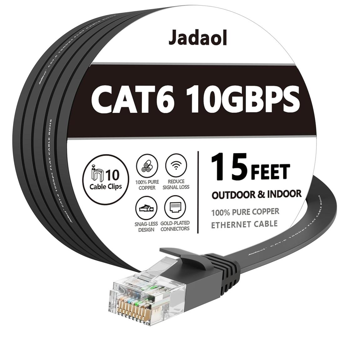Jadaol Cat 6 Ethernet Cable 15 ft, 10Gbps Support Cat8 Cat7 Network, Flat RJ45 LAN Patch Cable, High-Speed Wired Internet Cable for Router, Modem, Switch, Gaming Consoles, PC, Streaming Devices, Black