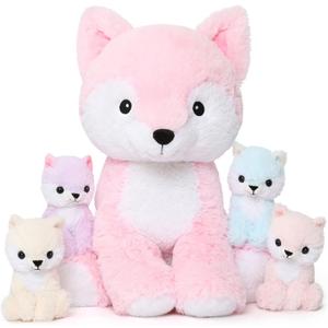 MorisMos Pink Fox Stuffed Animal Set, Soft 19 Inch Mommy Stuffed Fox Plush Toys with Baby Inside, Plushie Gift for Girls, Women, Kids on Valentine's Day, Birthday, Christmas,Baby Show