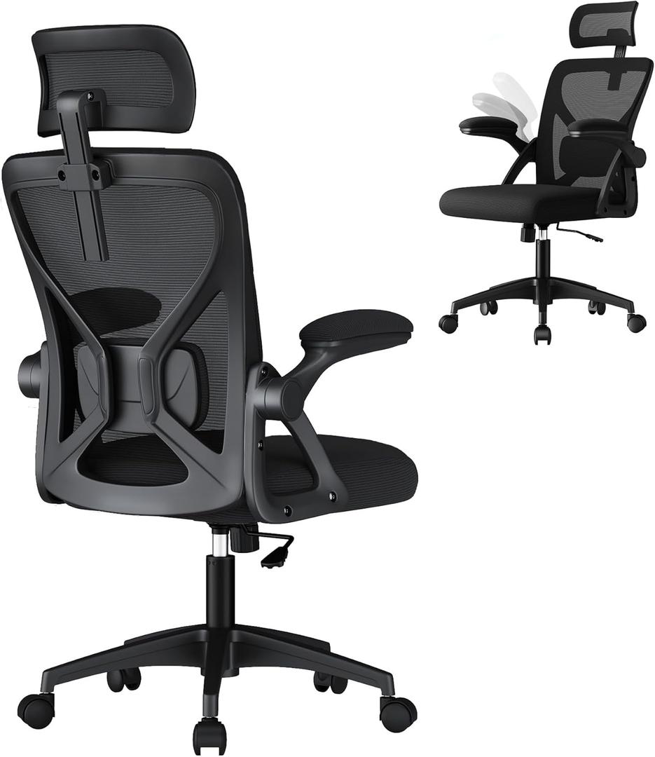 VASAGLE Ergonomic Mesh Office Chair with Adjustable Lumbar Support and Headrest, 90-105 Tilt Function, Wide Seat, FlipUp Armrests, Computer Desk Chair for Home Office, Ink Black UOBN044BH01S