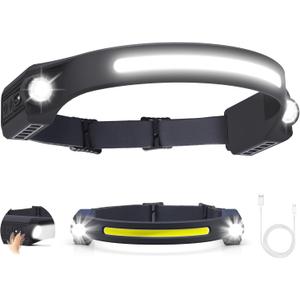 AlpsWolf LED Headlamp Rechargeable, 2 XPE LED and COB LED Head Lamp, Motion Sensor, 260 Wide Beam, IPX4 Waterproof, Rechargeable Headlight for Camping Accessories (1 Pack)