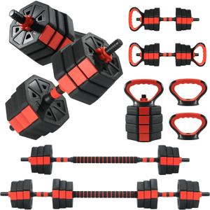 Adjustable Dumbbells, 44/66/88Lbs Free Weight Set with Connector, 4 In1 Weight Dumbbell Set Used As Kettlebells, Barbell, Push Up Stand, Fitness Exercise for Home Gym Suitable Men/Women (Black Red)