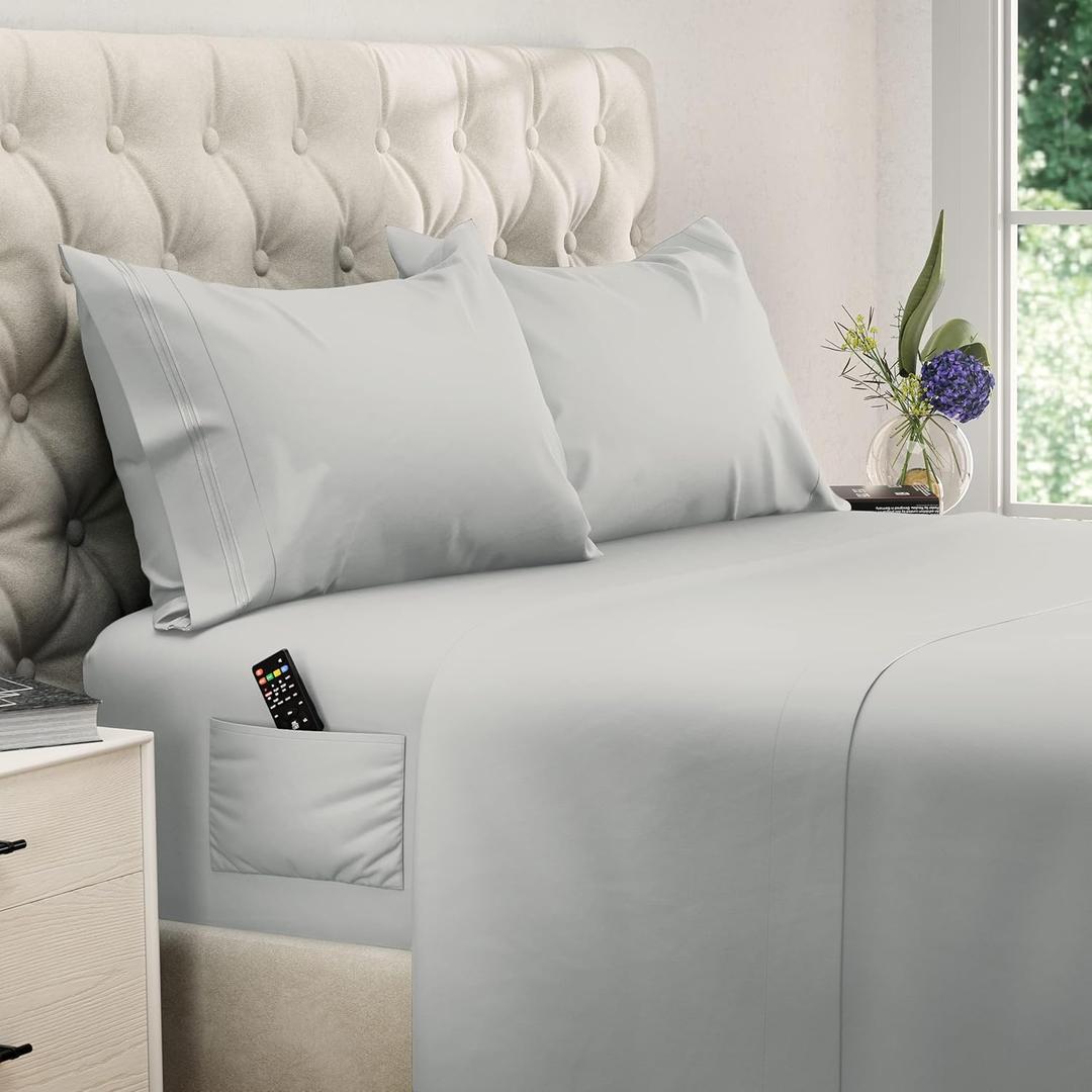 DREAMCARE King Size Sheets Set 4 pcs Cooling Sheets up to 21 Deep Pocket King Sheet Set Hotel Luxury Sheets & Pillowcases Superior Softness 100% Fine Microfiber with Side Pocket Light Gray