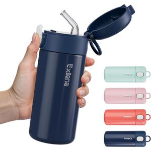 10oz Small Insulated Water Bottle with One-Touch Soft Straw Lid, Double-Wall Vacuum Small Travel Water Bottle for Cold&Hot DrinksLeak-Proof, Mini Flask for Handbag,Sport(Navy Blue)