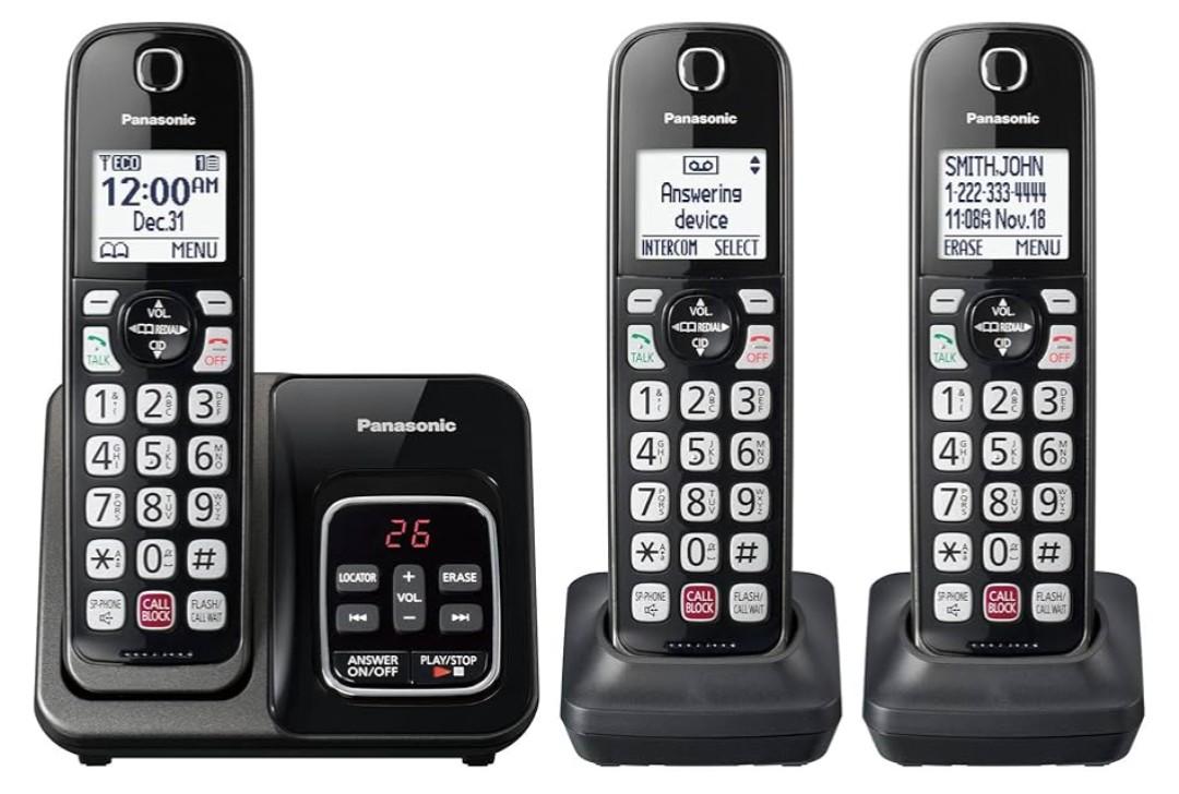 Panasonic Cordless Phone with Answering Machine, Advanced Call Block, Bilingual Caller ID and High-Contrast Display, Expandable System with 3 Handset Cordless Telephones - KX-TGD833M (Metallic Black)