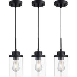 Modern Black Farmhouse Clear Glass Cylinder Pendant Light Fixture, Adjustable Height Hanging Pendant Lighting for Kitchen Island, Dining Room, Bedroom & Hallway (3 Packs)