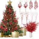 40 Pack Red Christmas Picks and Sprays for Tree 17.5'' Christmas Poinsettia Pick Artificial Glitter Berry Stem Xmas Tree Filler Ornament Branch for DIY Wreath