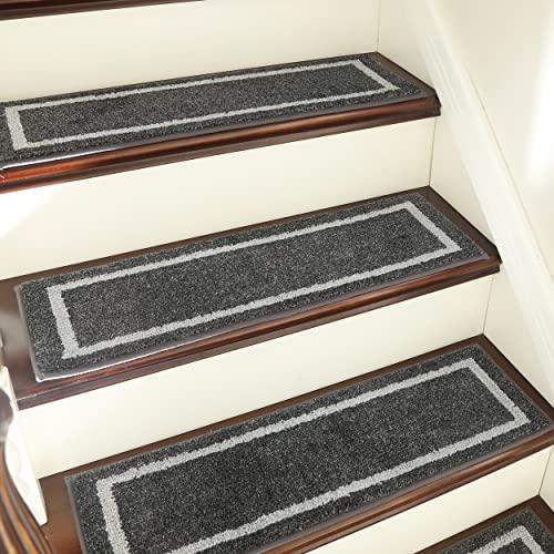COSY HOMEER Soft Stair Treads Non-Slip Carpet Mat 28inX9in Indoor Stair Runners for Wooden Steps, Stair Rugs for Kids and Dogs, 100% Polyester TPE Backing 4pcs,Black