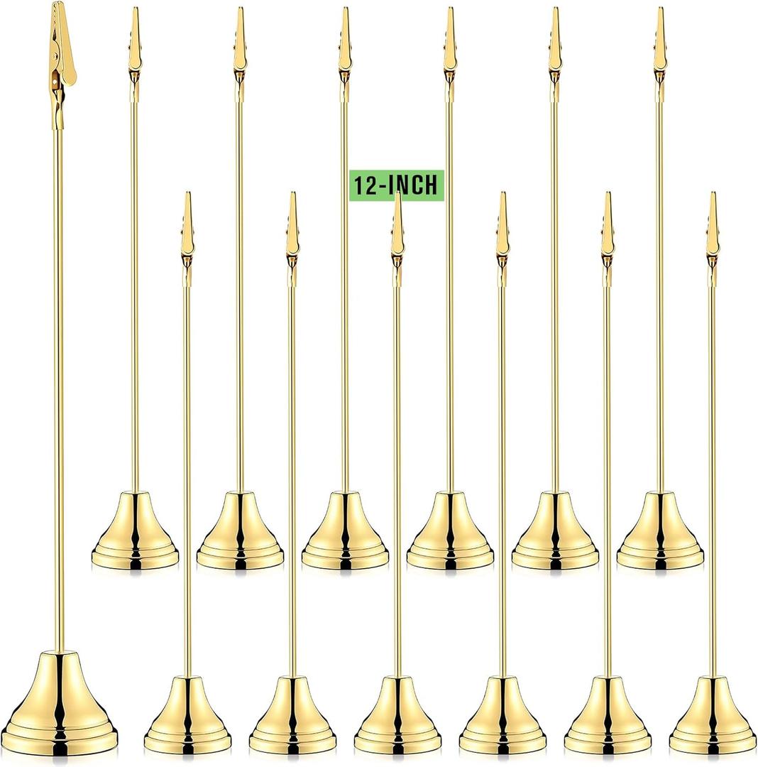 12 Pcs Table Number Holders 12 Inch Place Card Holder with Alligator Clip Metal Place Card Stands Table Sign for Photos, Food Signs, Birthdays, Weddings (Gold)