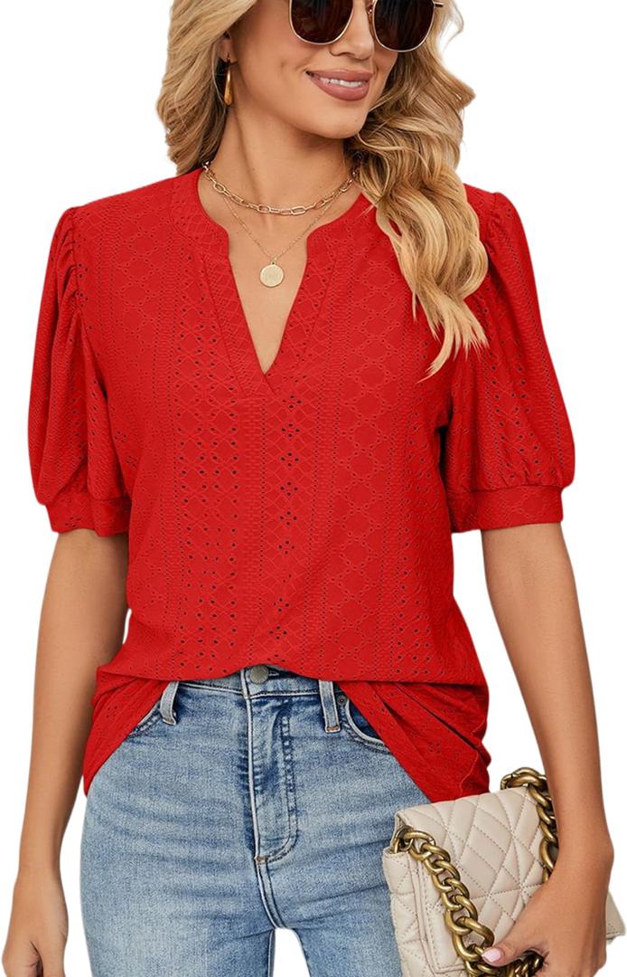 PerZeal Women's Summer Tops Tunic V Neck Ruffle Half Sleeve Blouses Short Sleeve Casual Loose Tops T-Shirts Red Large