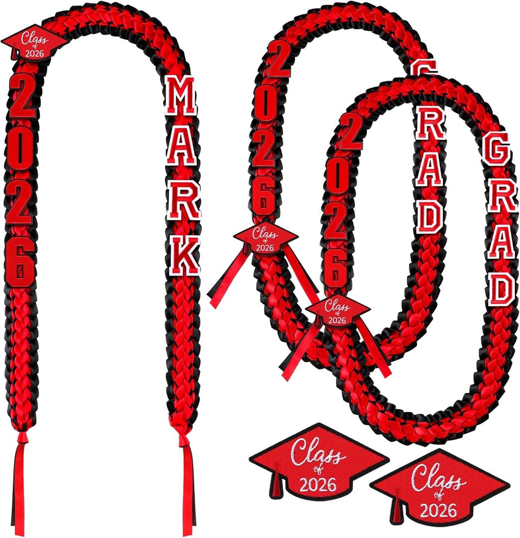 2 Pcs Graduation Lei Class of 2026 Handmade Grad Ribbon Lei DIY Name Braided Necklace Congrats Graduates Money Leis Graduation Gift High School Grad Party Supplies for Women Men