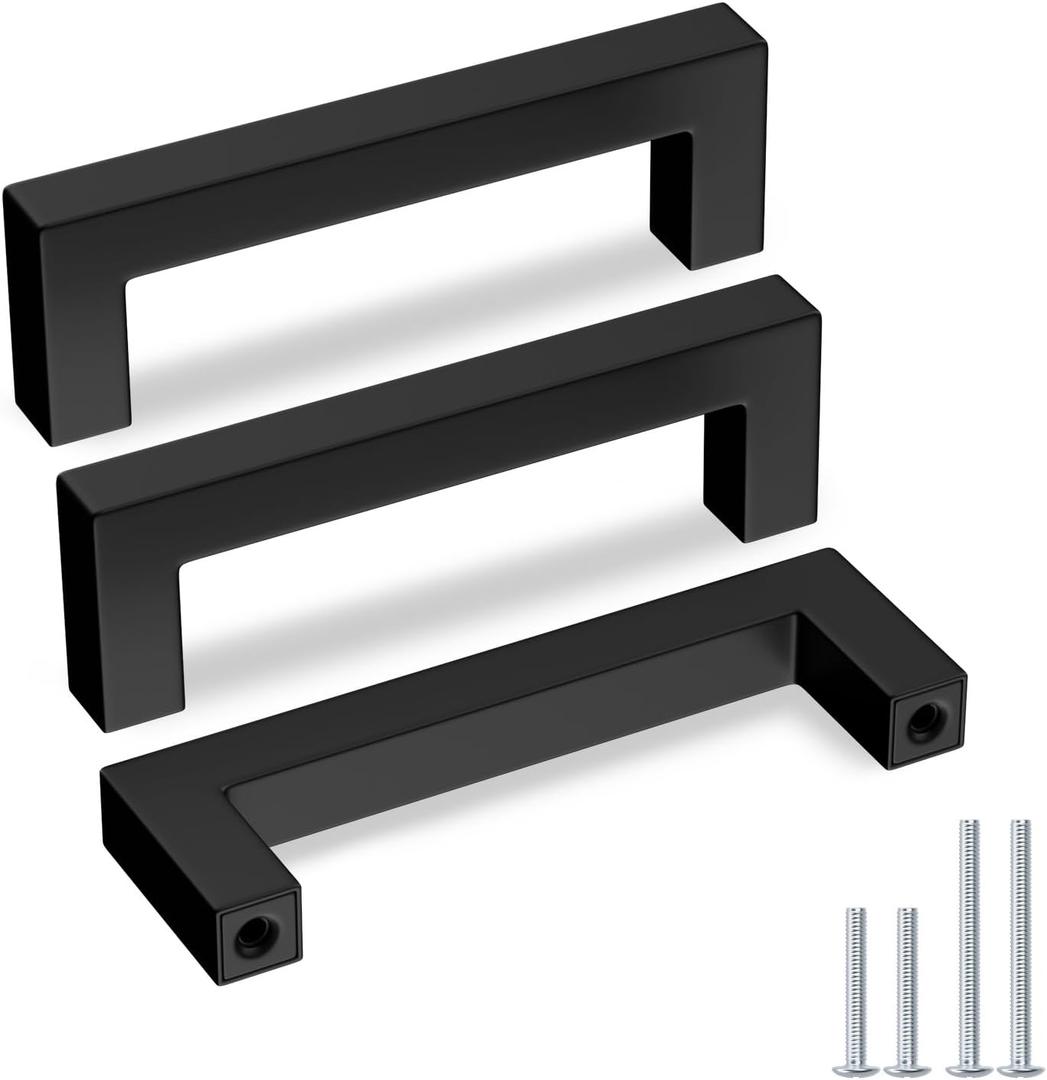 Goldenwarm 2 Pack 4 Inch Matte Black Cabinet Handles Kitchen Furniture Hardware Square Stainless Steel Hardware Bathroom Cabinet Door Pulls (4in Hole Centers)
