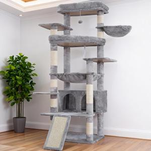 Heybly Tall Cat Tree for Large Cat, 80-inch Multi-Level Cat Tower for Indoor Cats with Large Baseboard, Condo Furniture with 2 Widened Plush Perches,Scratching Board and Big Caves, Light Gray HCT038W