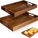 2 Pack Solid Acacia Wood Serving Trays with Handles, Rectangular Wooden Serving Platters, Decorative Servings Trays Set, Portable Ottoman TrayGreat for Lap &Couch, 16"+15"