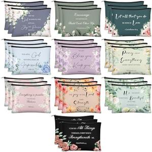 Jetec 30 Pcs Christian Gift for Women Bulk Religious Cosmetic Bags Christmas Inspirational Bible Verse Pencil Pouch Makeup Bags with Zipper for Travel Women Mother Church Favors(Morandi Style)