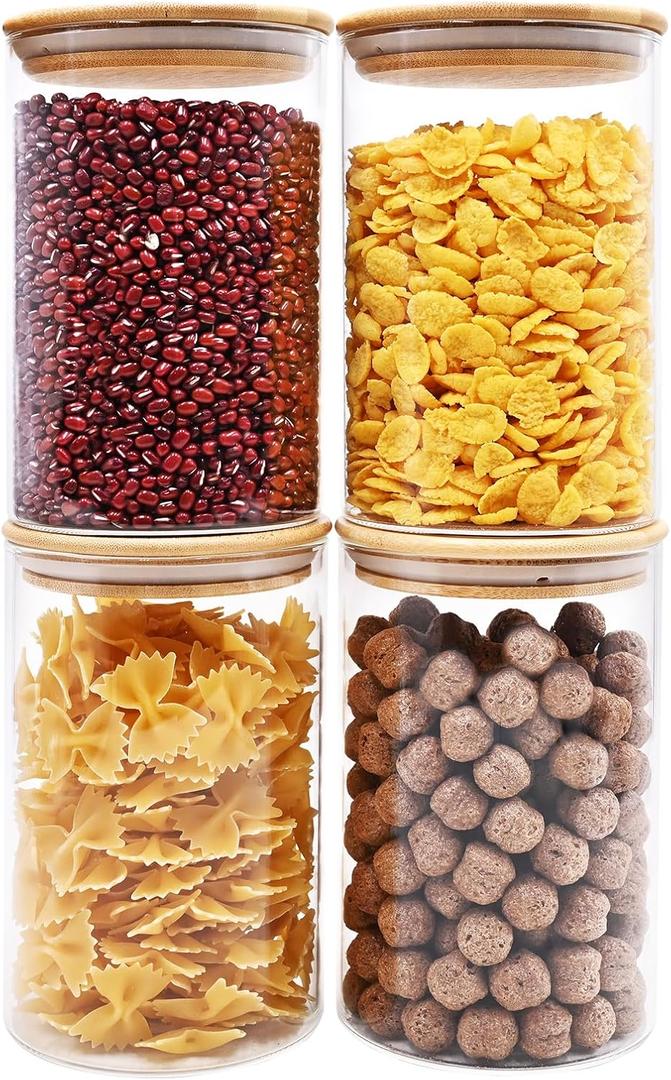 SHOWIN 32oz Glass Food Storage Jars, Glass Jars with Bamboo Lids, Kitchen Storage Jars, Canisters with Airtight Lids for Spice, Coffee, Cookie, Set of 4, Pantry Organizers