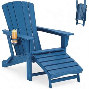 Polyhouz Folding Adirondack Chair with Retractable Ottoman,HDPE Outdoor Adirondack Chair with Cup Holder,All-Weather Lounge Chairs for Outside,Patio,Pool,Fire Pit,Blue
