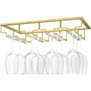 Nuovoware Wine Glass Rack, 4 Rows Wine Glass Holder Storage Hanger Metal Organizer Under Cabinet Stemware Rack for Bar Kitchen Cabinet, Nano Golden (4 Rails 1 PCS)