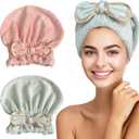 Jseng Microfiber Hair Towel Caps for Women with Cute Bowtie, 2Packs Fast Drying Hair Towel Caps for Curly Long Wet Hair Anti Frizz (Pink+mint Green)