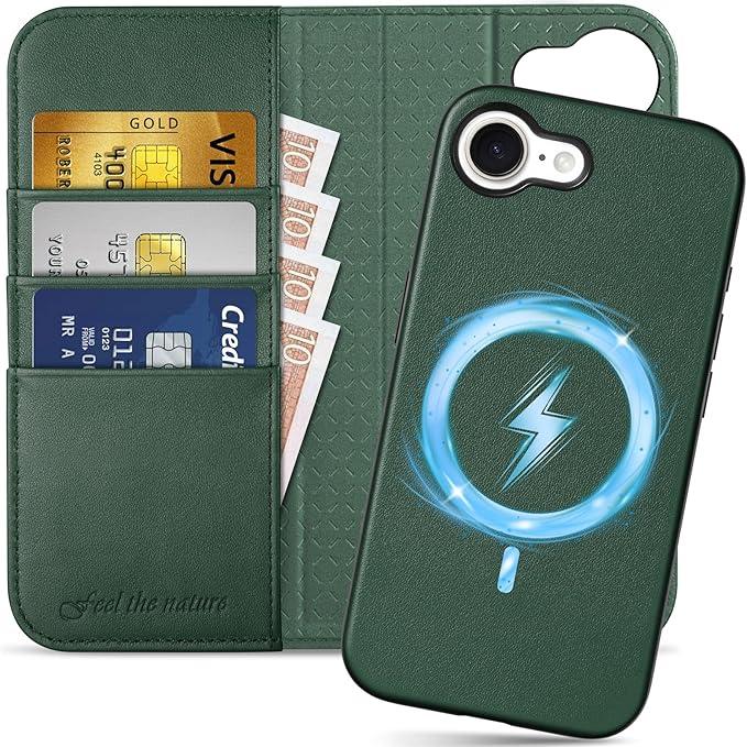 SHIELDON Wallet Case for iPhone 16e 2025, Genuine Leather Detachable Wireless Charging Magnetic RFID Blocking Card Holder Kickstand Shockproof Case Compatible with iPhone 16e 6.1"  Nappa Evergreen