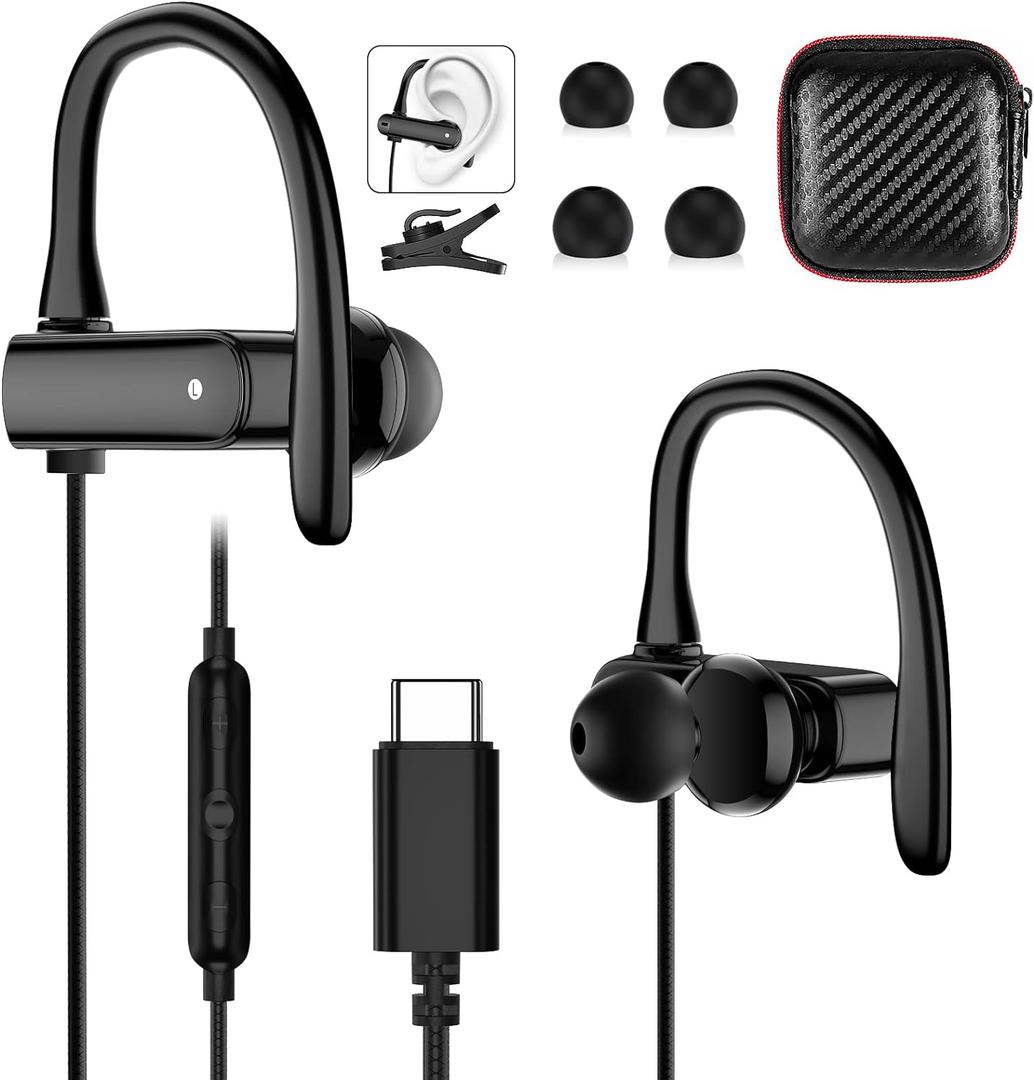 USB C Wired Headphones with Anti Drop Over Ear Earhook Microphone Gym Sport Running Type C Earphone for Apple iPhone 16 15 Pro Max 16e for Samsung Galaxy S25 S24 S23 S22 Google Pixel 10 9 8 Android