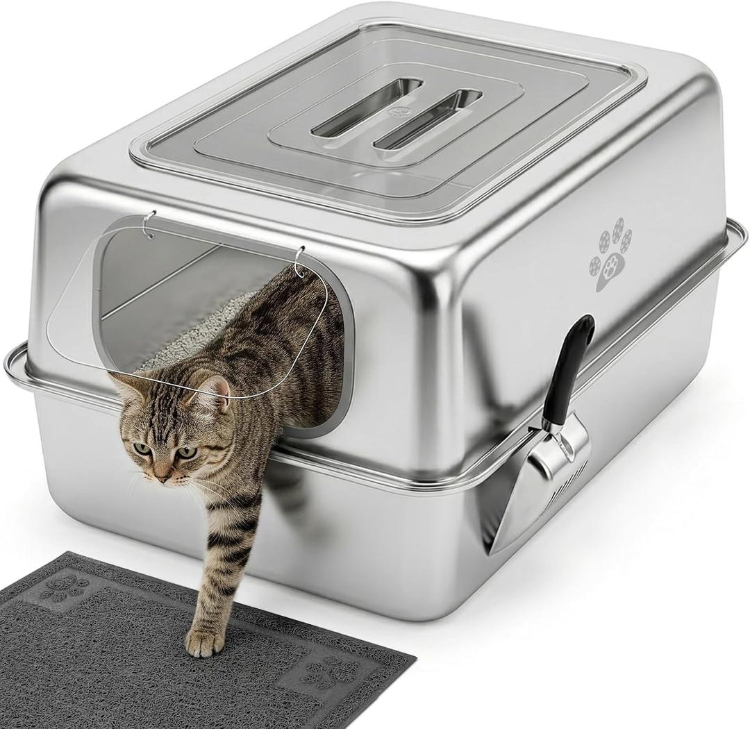 Ptlom Enclosed Stainless Steel Litter Box for Large Cats, Leak-Proof Metal Cat Toilet with Lid, Ventilated Top Opening Covered Cat Pan High Sided Walls, Scoop & Litter Mat, 27.7" x 19.8" x 13.1"