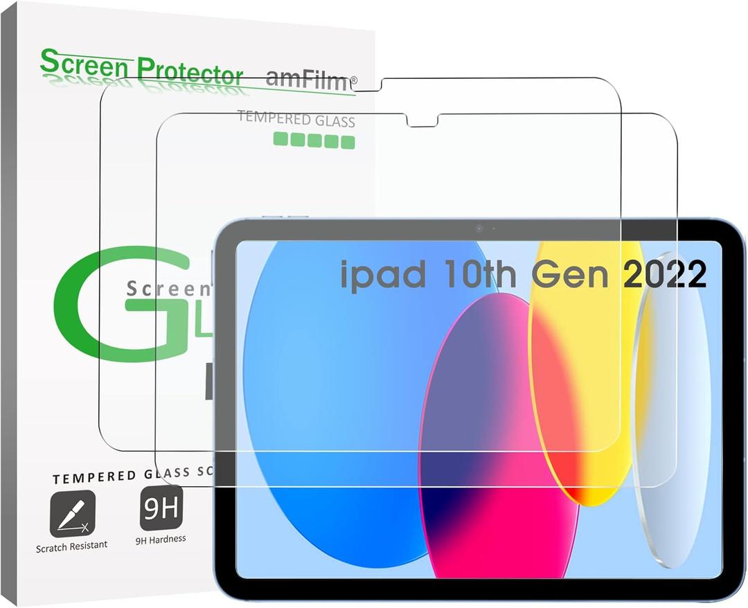 amFilm 2Pack Glass Screen Protector for iPad 11th A16 2025 [11 Inch] / 10th Generation 2022 [10.9 Inch], 9H Tempered Glass Screen Protector, Ultra Sensitive, Face ID & Apple Pencil Compatible