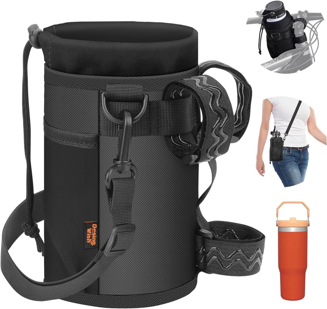 Desing Wish Bike Water Bottle Holder 32oz - 40oz Bike Cup Holder Multi-Holes Installing Insulated Water Bottle Holder for Bike with Removable Non-Slip Hook&Loop Fasteners and Shoulder Strap (Black)