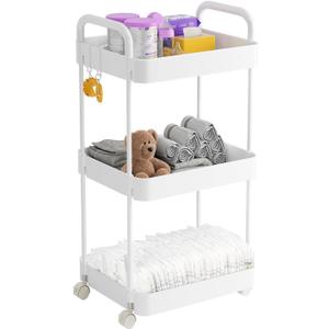 Volnamal Diaper Caddy Organizer, 3-Tier Movable Diaper Cart with Wheels, Newborn Essentials Must Haves, Diaper Caddy for Wipes & Diapers, Baby Registry Search - Plastic White