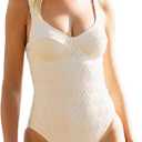 Womens One Piece Swimsuit Tummy Control Bathing Suit Sexy Deep V Neck Cheeky High Cut Swimwear (Small, Beige)