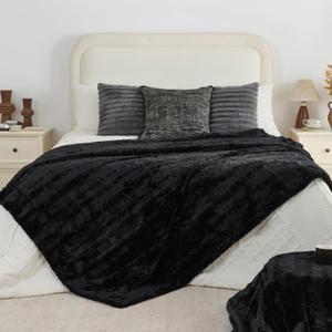 Krifey Black Faux Fur Blanket for Bed, 3D Marble Texture Soft Cozy Fuzzy Plush Thick Warm Blanket, Faux Rabbit Fleece, Christmas Birthday Gifts for Men Dad, Cool Black, 60x80in