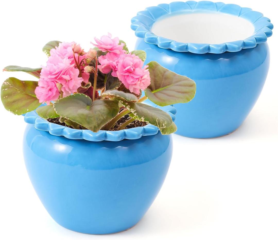 2pcs African Violet Pots 6.5 Inch Blue Ceramic Easy Plant Self Watering Pot Ceramic pot High Absorption Orchid Planter Easy Plant Self Watering Pot for Plant Enthusiasts