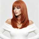 Rugelyss Long Auburn Wig with Bangs Layered Curly Copper Red Wigs for Women Natural Ginger Synthetic Wigs for Daily Use