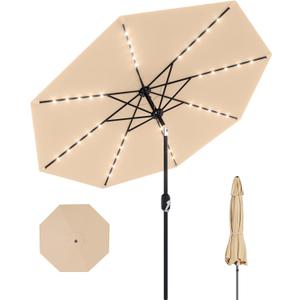 GarveeLife 9 ft Patio Umbrella with Solar Lights, 8 Ribs Outdoor Market Table Umbrella with 40 LED Lights & Tilt Crank for Pool, Deck, Backyard, Tan