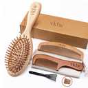 Wooden Hair Brush and Comb, One-piece Design, Reduce Frizz and Static, Massage Scalp, Detangling Paddle Hairbrush for Women, Girls, Kids, Includes Cleaning Claw, 5 Wood Bristles