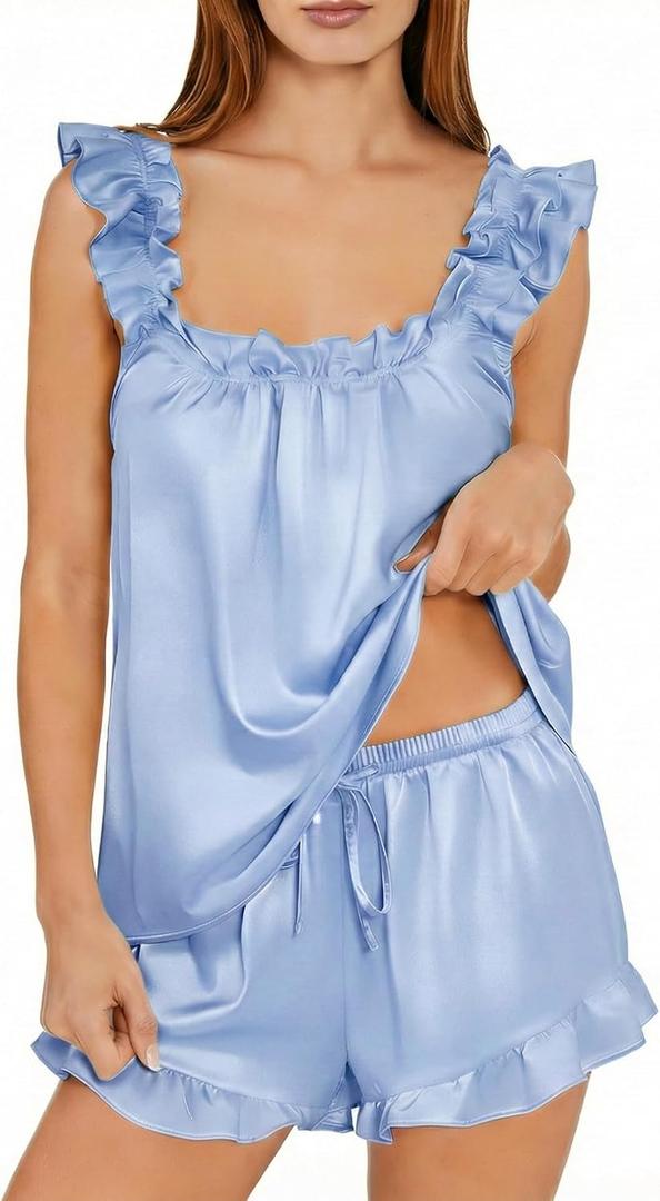 Silk Pajamas Set for Women Blue Satin 2 Piece Ruffle Pajama Soft Solid Color Tank Top and Shorts Sleepwear 2026 (Blue, XL)