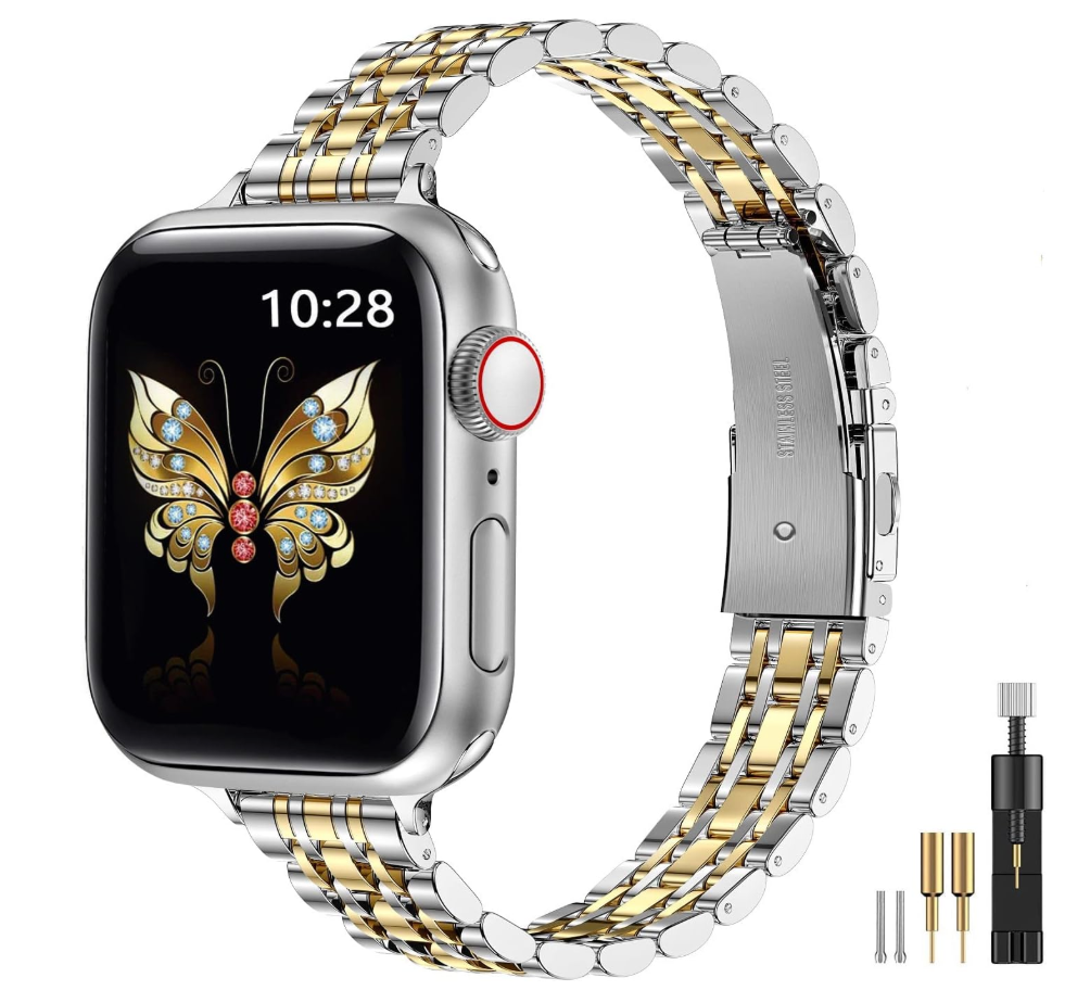 MioHHR Slim Metal Band Compatible with Apple Watch Band 42mm(Series 11 10) 41mm(Series 9 8 7) 40mm(Series 6 5 4 SE3/2/1) 38mm(Series 3 2 1),Stainless Steel iWatch Bands for Women,Silver/Gold