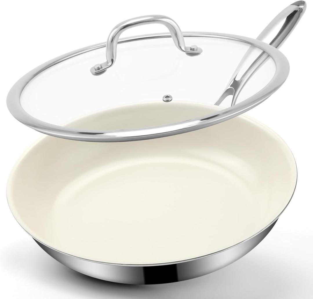 Ranbomer Hybrid Ceramic Non Stick Frying Pan 12 Inch, 5-Ply Stainless Steel Skillet,Stay-Cool Handle,Induction Ready, Compatible with All Cooktops, PFAS-Free, Non-Toxic, White.(12 Inch)