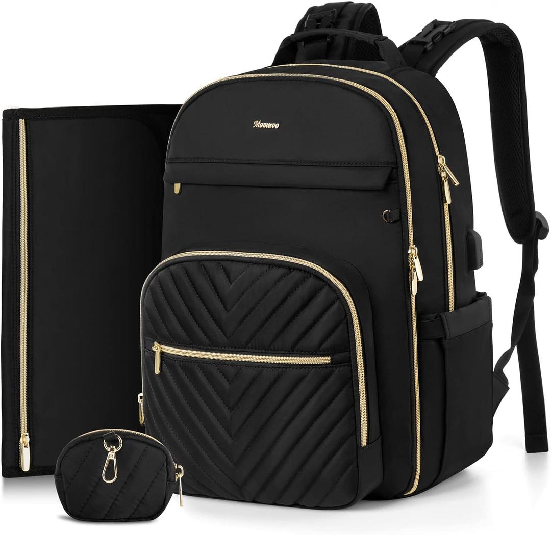 MOMUVO Diaper Bag Backpack, Quilted Baby Bag with Changing Pad & Stroller Straps & Pacifier Case, Large Travel Diaper Bags for Mom Dad, Black