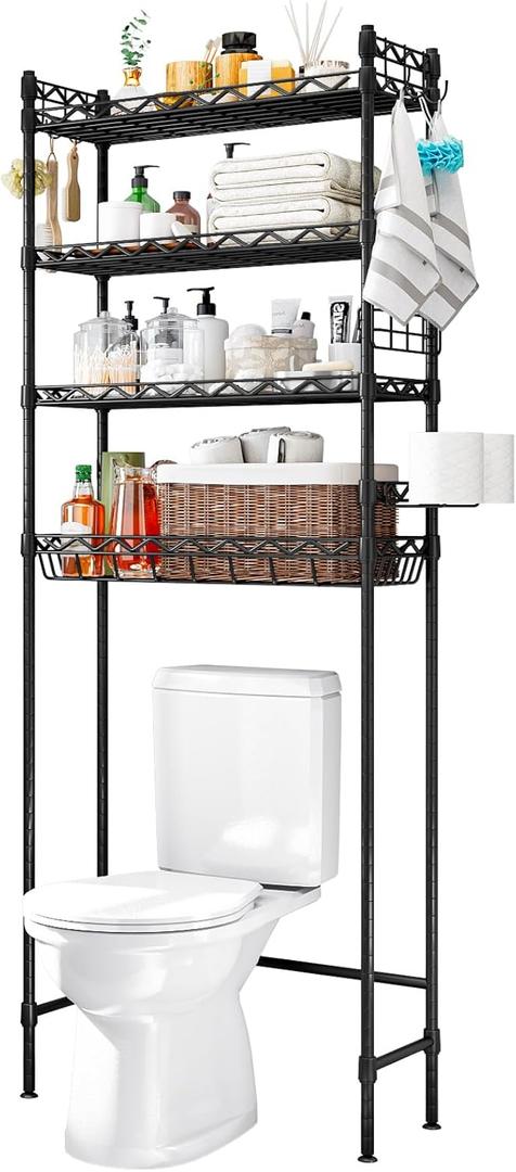 Over The Toilet Storage Rack with Hook Adjustable Layer 4-Tier Large Capacity Strong Steel Space Saver for Laundry Kitchen Bathroom Organizer Metal (Black, 25.75 * 9.45 * 67.32in)