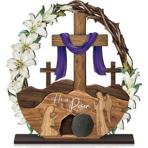 Capoda He Is Risen Easter Wooden Table Decoration Easter Resurrection Tabletop Sign Christian Cross Table Centerpiece Empty Tomb Religious Decor Jesus Lily Flowers Display for Holiday Spring Home