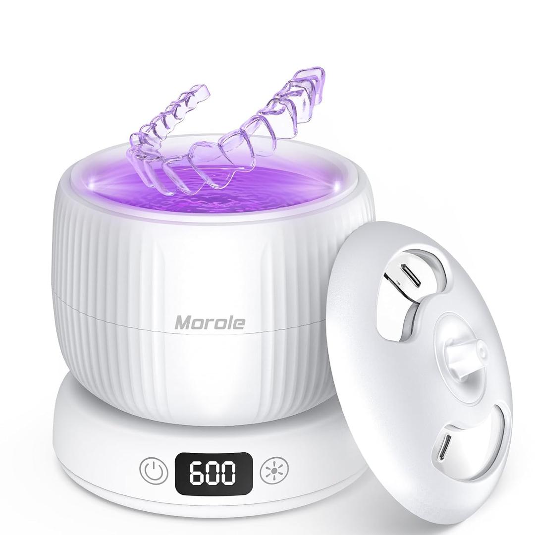 2025 Upgraded Ultrasonic Retainer Cleaner Machine,Separate Retainer Cleaner for Night Guards, Braces, Aligner, Toothbrush, Jewelry, 4 Modes Denture Cleaner & Removable Base and Top Cover(White) (Medium)