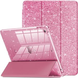INFILAND for iPad 9th/8th/7th Generation Case 2021/2020/2019 10.2 inch, Glitter Slim Protective Cover with Clear Back, Pencil Holder for Kids Girls for iPad 7/8/9 Gen, Pink (Rose red)