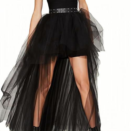 Womens Tulle Skirt Steampunk High Low Irregular Tutu Bustle Skirt Asymmetric Layered Mesh Elastic Waist Dovetail Skirts Black, L